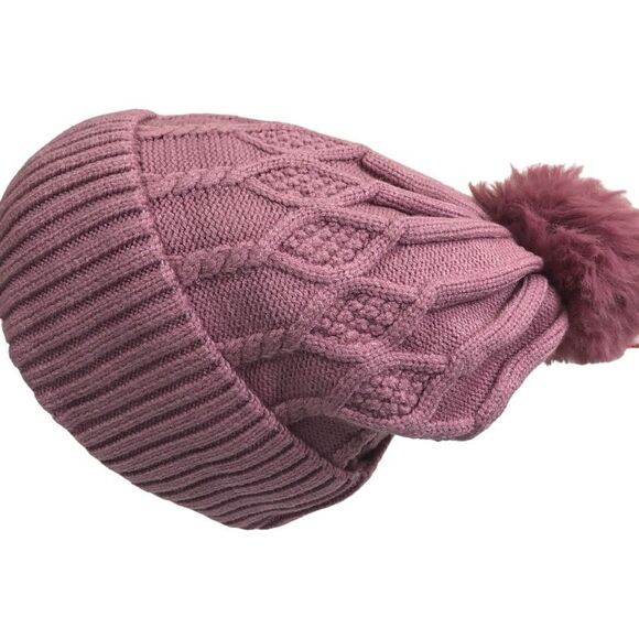 Pink Mauve Cable Knit Sherpa Pom Pom Winter Beanie - Picture 2 of 9